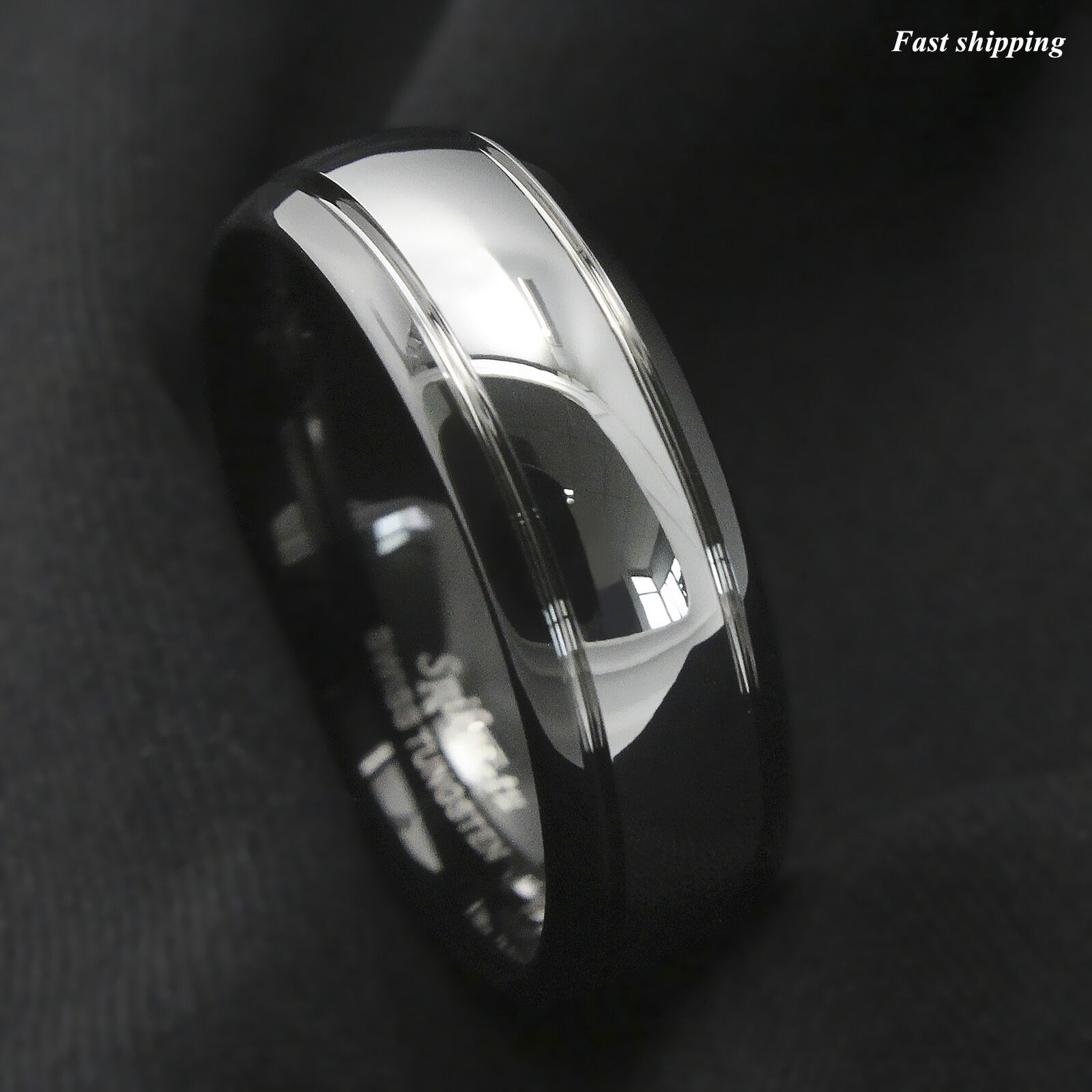 8/6mm Dome Black Silver Center Tungsten Carbide Ring ATOP Wedding Band Bridal