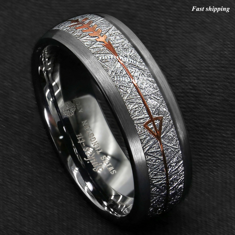 8/6mm Rock Gray Brushed Dome Tungsten Ring Silver Rose Gold Arrow ATOP Jewelry