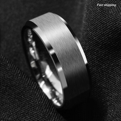 8mm Brushed Silver Tungsten Carbide Mens Wedding Band Comfort Fit ATOP Ring