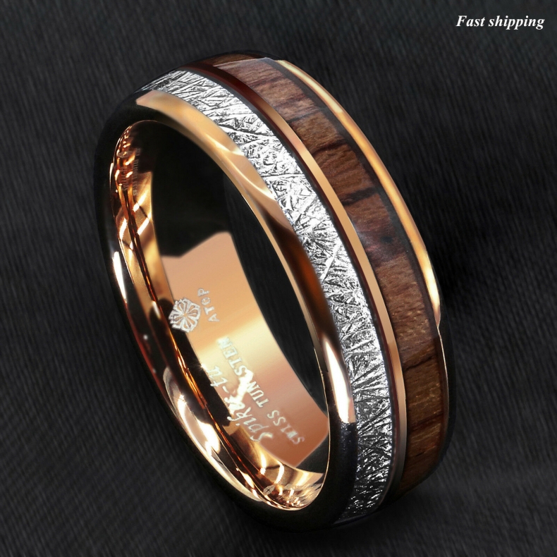 8/6mm Rose Gold Dome Tungsten Ring Silver Koa Wood Inlay Bridal ATOP Men Jewelry