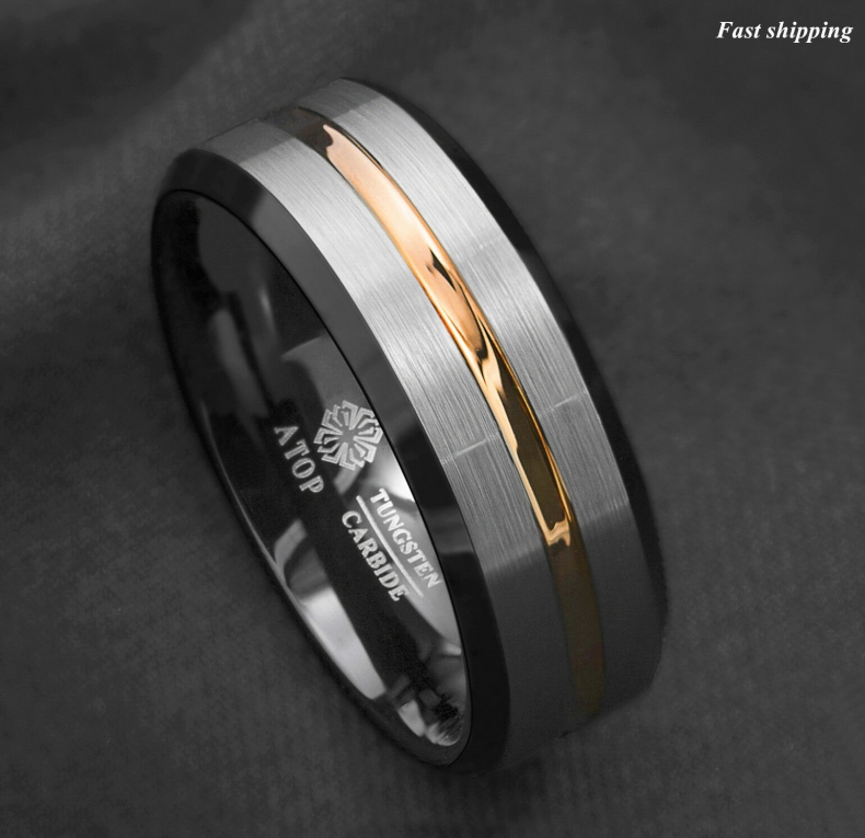 8/6Mm Silver Brushed Black edge Tungsten Ring Gold Stripe ATOP mens wedding band