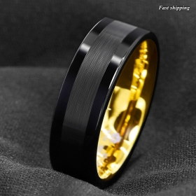 8mm Black Tungsten Carbide Ring Brushed Wedding Band 18K Gold ATOP mens jewelry