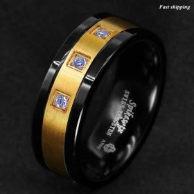 8mm Black Tungsten Ring Brushed 18K Gold Diamonds ATOP-LUXURY Mens Wedding Band