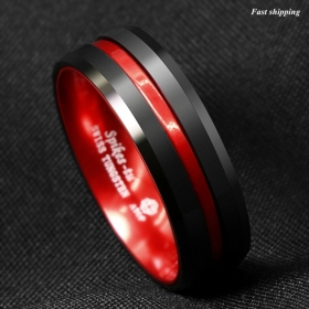 8/6mm Black Tungsten Carbide Thin Red Line Wedding Band Ring ATOP Mens Jewelry