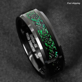 8mm Tungsten Ring Black Celtic Dragon Green Carbon Fiber ATOP Mens Wedding Band