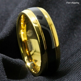8mm Black Dome 18K Gold Tungsten Ring Wedding Band Bridal ATOP Mens Jewelry
