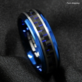 8mm Blue Tungsten Ring Black and Blue Carbon Fiber Wedding Band ATOP Men jewelry