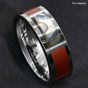 8mm Silver Tungsten Ring Koa Wood Abalone Inlay ATOP Wedding Band Mens Jewelry