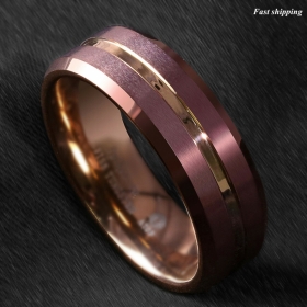 8/6mm Brushed Brown Tungsten Mens Ring Rose Gold Groove Stripe ATOP Wedding Band