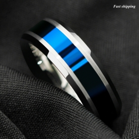 8MM Tungsten Carbide Ring Blue Center silver Brushed Edge Band Ring Mens Jewelry