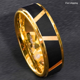 8mm Gold Tungsten Carbide Black Brushed Wedding Band Ring EG Style ATOP Jewelry