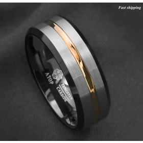 8/6Mm Silver Brushed Black edge Tungsten Ring Gold Stripe ATOP mens wedding band