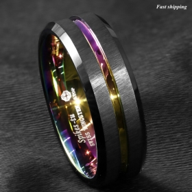 8/6MM Black Brushed Tungsten Carbide Ring Rainbow Line Wedding Band ATOP Jewelry